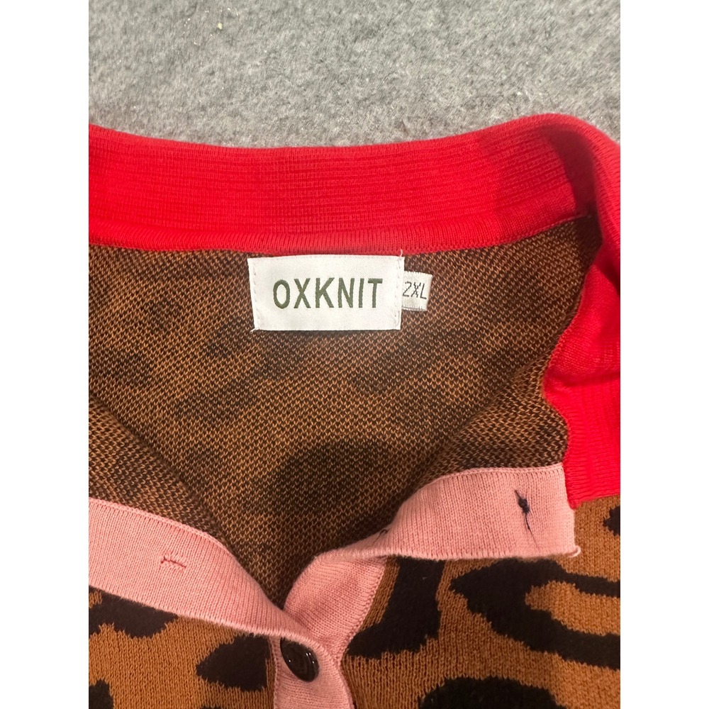 OXKNIT Womens Leopard Print Cotton Knit Polo Puff Sleeve Top Red Collar 2XL - Picture 5 of 9